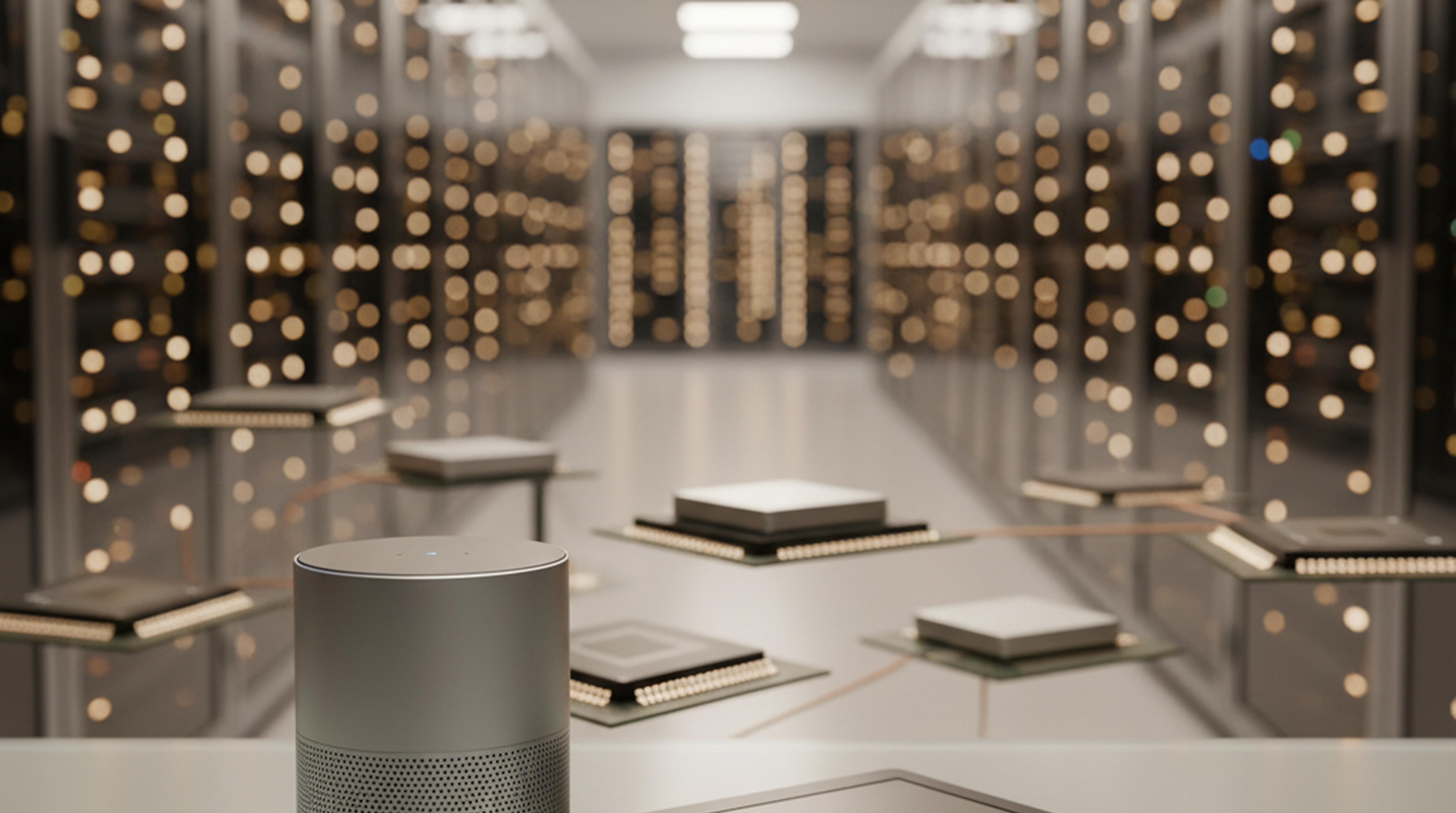 Smart speaker and e-reader alongside AI data center infrastructure and memory chips, illustrating rising device costs driven by AI demand.