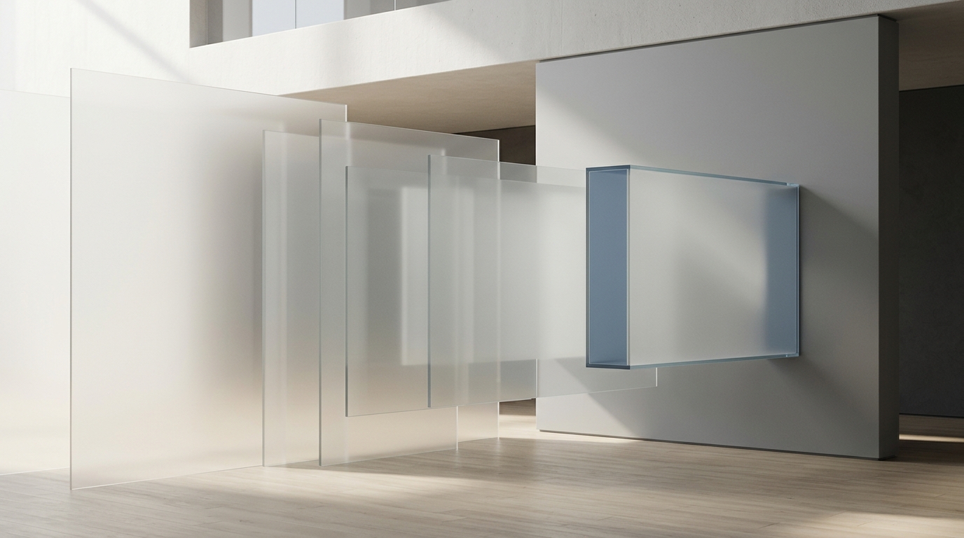 A contemporary architectural rendering shows layers of overlapping, translucent frosted glass panels standing vertically on a wooden floor in a minimalist concrete and white space with warm diffused lighting, transitioning into a single, projecting blue-tinted glass shadow box volume.